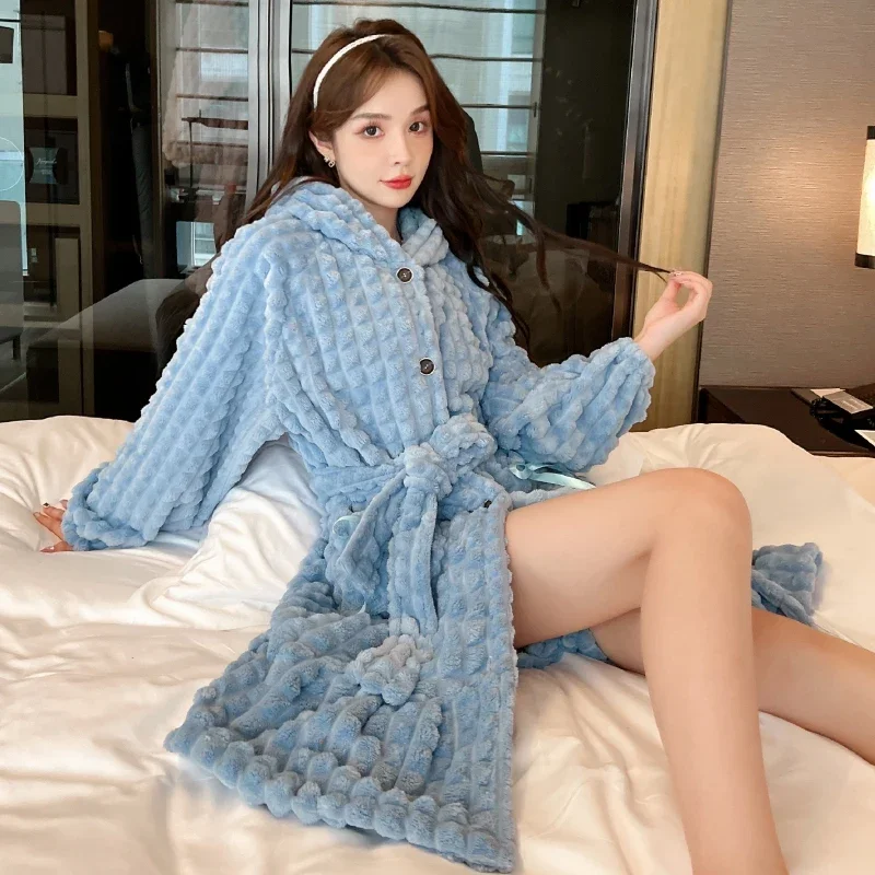 2023 Winter Long Sleeve Hooded Thick Warm Flannel Robes for Women Korean Coral Velvet Bathrobes Sleepwear Nightdress Night Dress