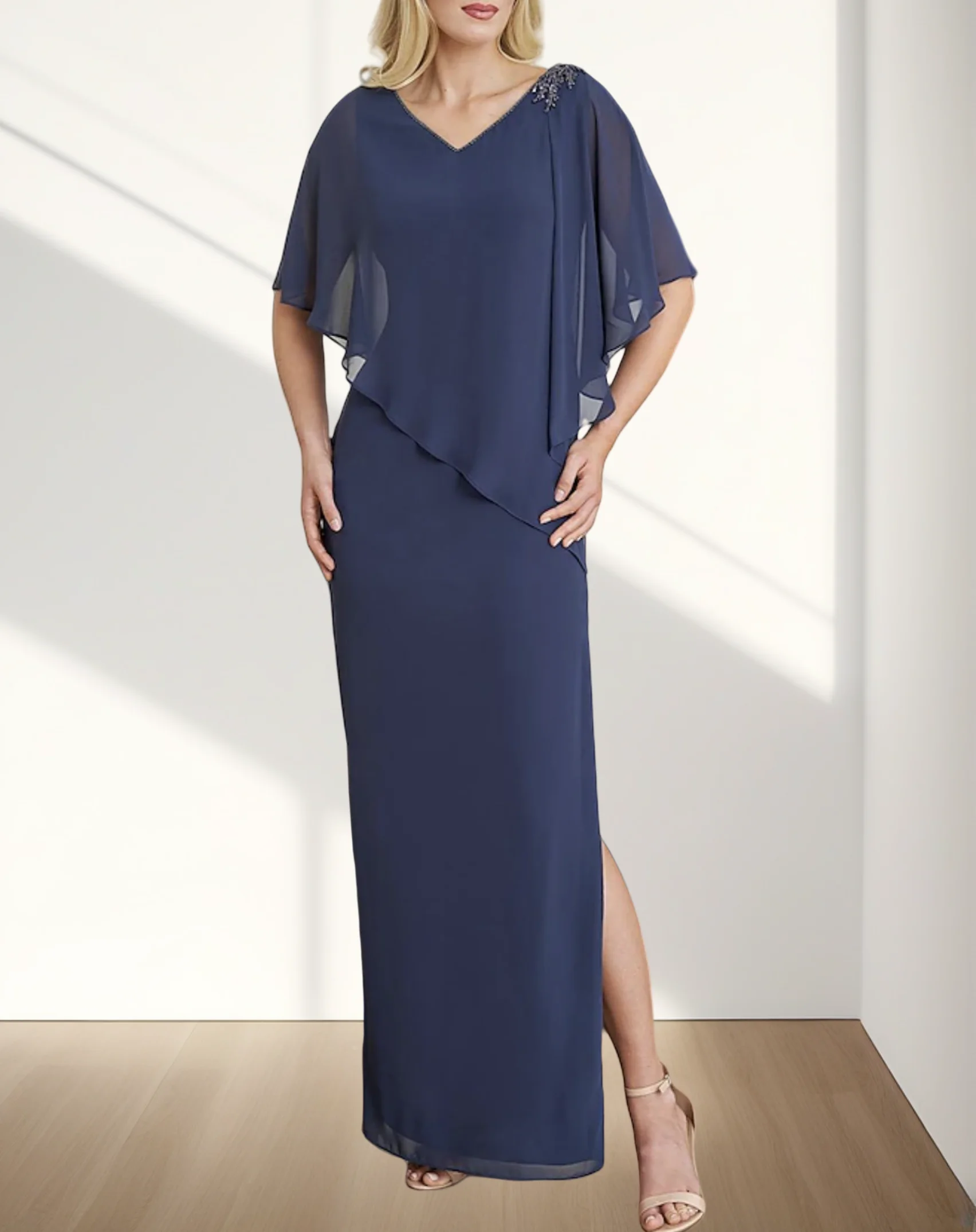 Mother of the Bride Dress Formal Wedding Guest Elegant V Neck Floor Length Chiffon Half Sleeve with Beading 2024