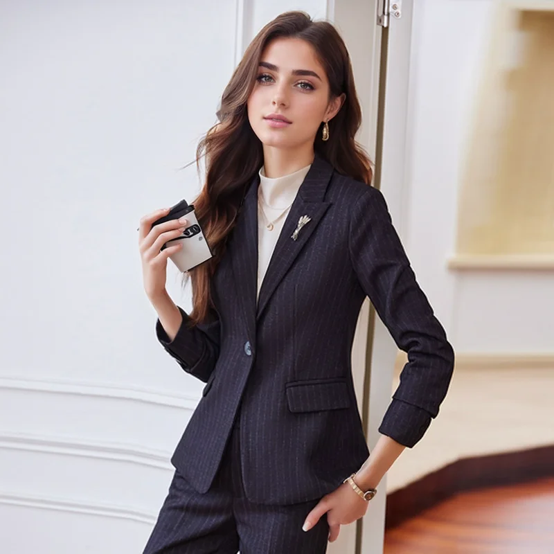 ZJYT Elegant Pants Sets for Women 2 Pieces Clothing Matching Set One Button Blazer Trousers Suit Large Size Jacket Outfit Autumn