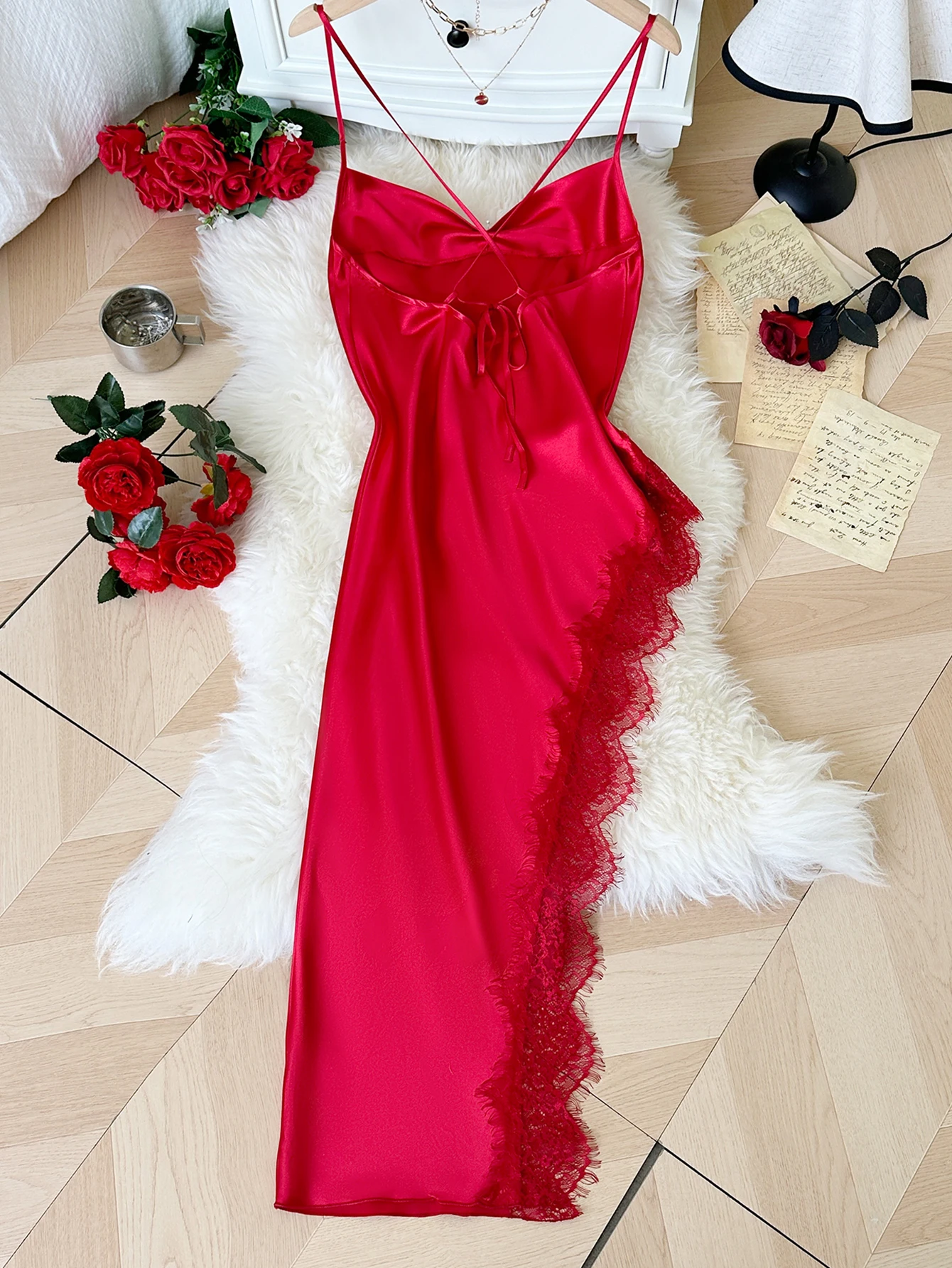 Pigiama sexy patchwork in pizzo, comoda e casual, camicia da notte da donna lunga e comoda