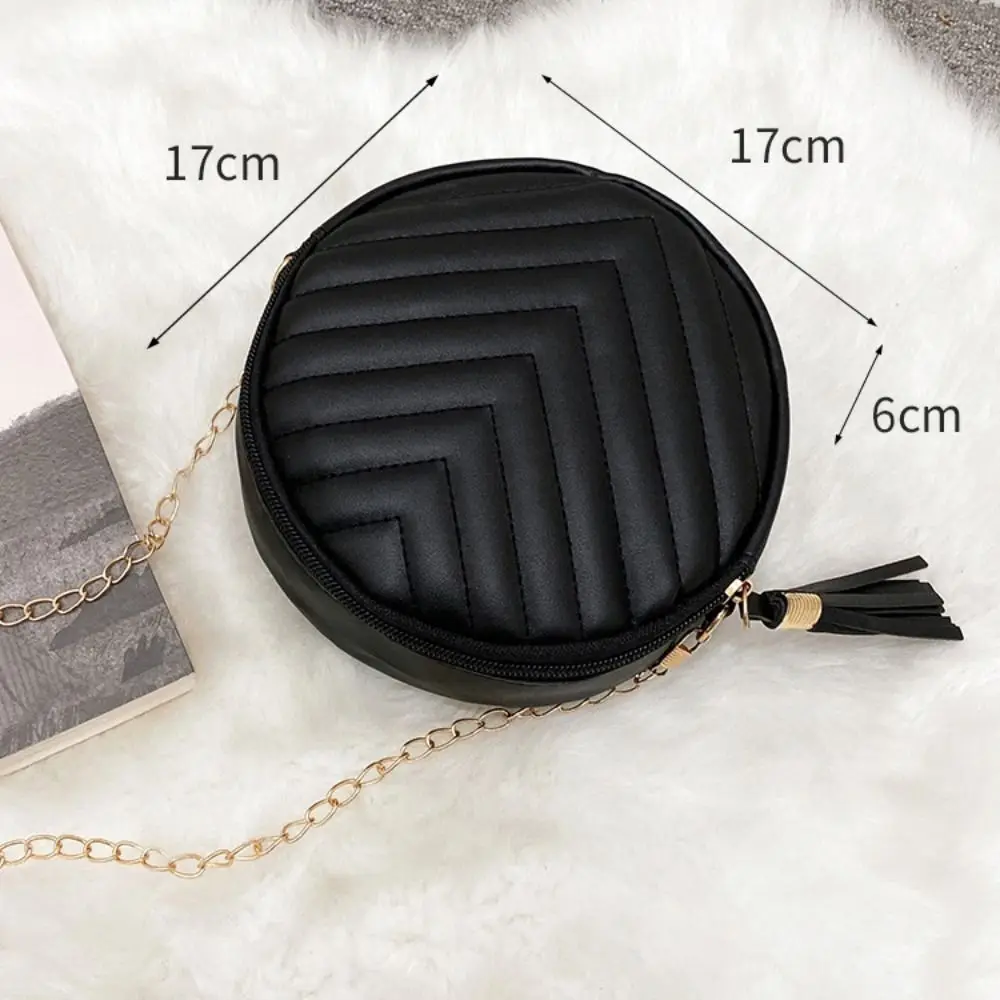 Fashionable V-shaped Line Line Small Round Bag PU Zipper MINI Handbag Tassel Cross-body Pouch Party