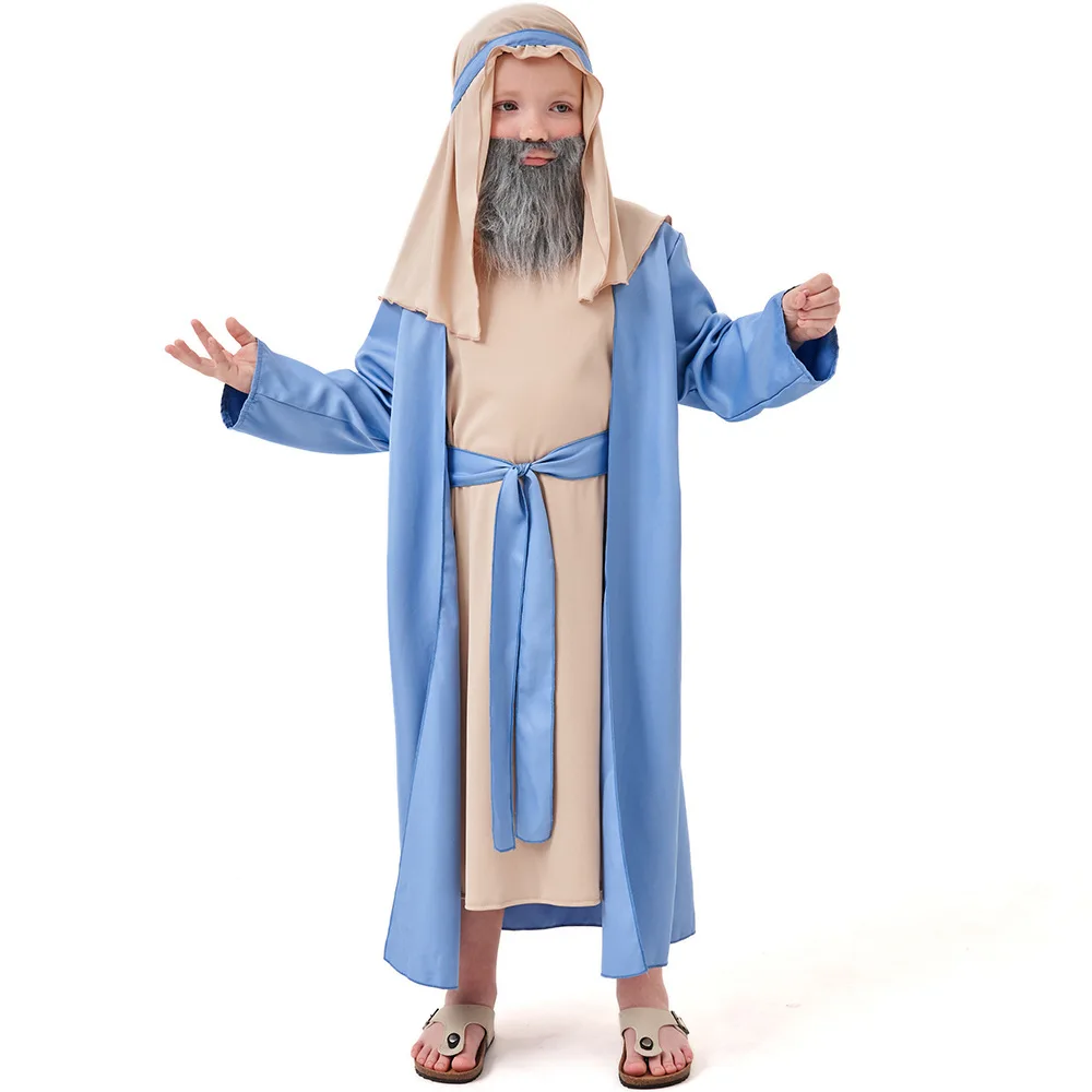 Hot Sale Arab Brown Grandpa Halloween Costume Middle Eastern Shepherd blue Robe for Kid Boys with headgear