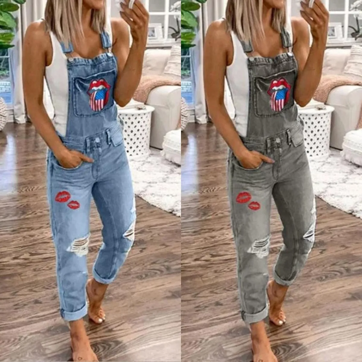 

Women Overalls Jeans Multi-pocket Denim Bib Jumpsuit Fashiuon Ripped New Mouth Flag Female Casual Streetwear Long Pants