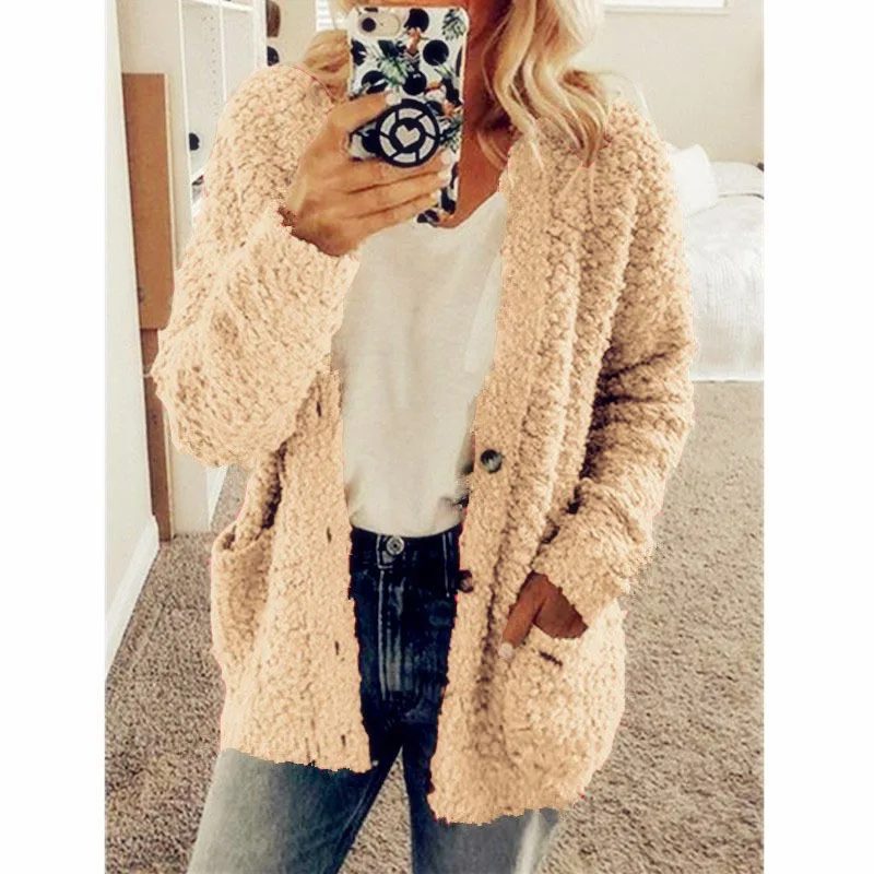 2023 Autumn/Winter Women\'s Fashion Casual Sweater Coat Pocket Solid Plush Top