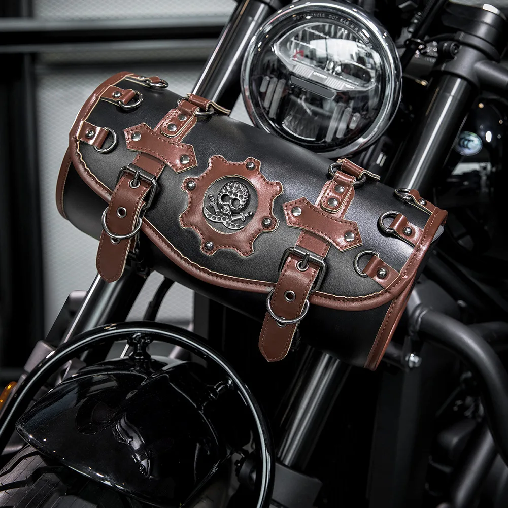 Punk Style Retro Motorcycle Front Fork Tool Bag PU Leather Handlebar Pouch for Bikers Motorbike Storage Saddlebag Daily Commute
