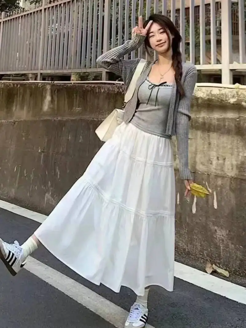 

White High Waist A-Line Midi Skirt Women's Summer New Slimming Puffy Cake Skirt Korean Casual Loose Women Long Skirts