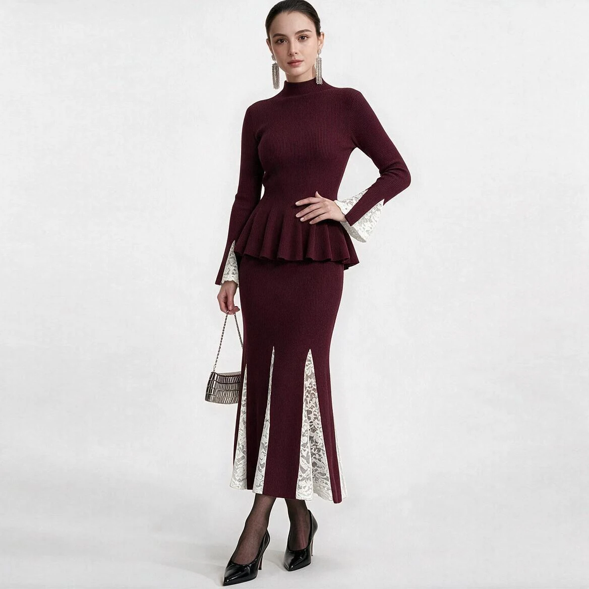 Elegant Women's Flare Sleeve Sweater Long Mermaid Skirt 2 Piece Matching Set Knitted Suit 2026 Autumn Party Outfit Black