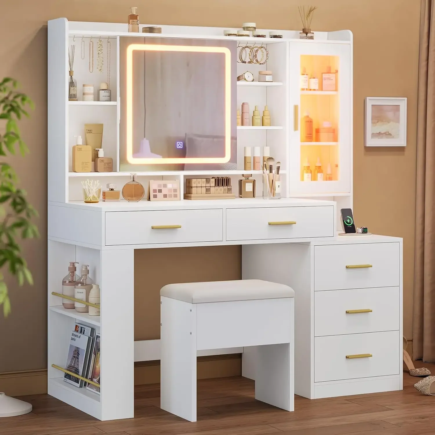 Makeup Vanity Desk With Sliding LED Lighted Mirror, Shelves And Side Storage, RGB Glass Cabinet, White Vanity Table Set,