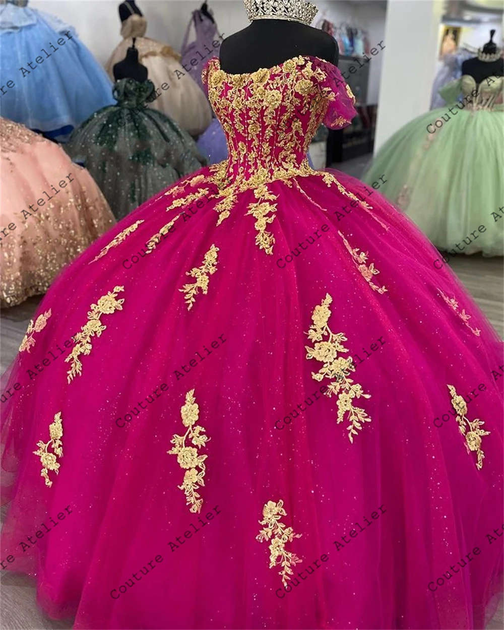 Gold Beaded Lace Appliques Dark Pink Quinceanera Dresses Ball Gown Sweet 15 Dress Off The Shoulder Wedding Gowns vestidos