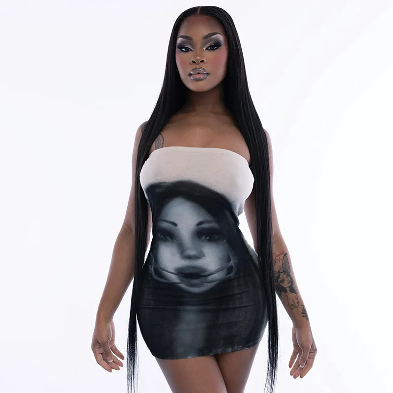 

New Women'S Sexy Strapless Off Shoulder Portrait Print Waist Cinching Tight Fitting Hip Hugging Skirt Dress