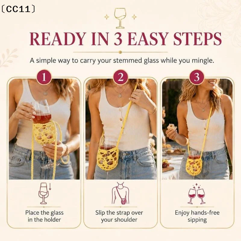 1Pcs  Knitted Crochet Wine Glass Crossbody Holder Hollow Knitted Wine Cup Sling Sleeve With Shoulder Strap Goblet Carry〔CC11〕