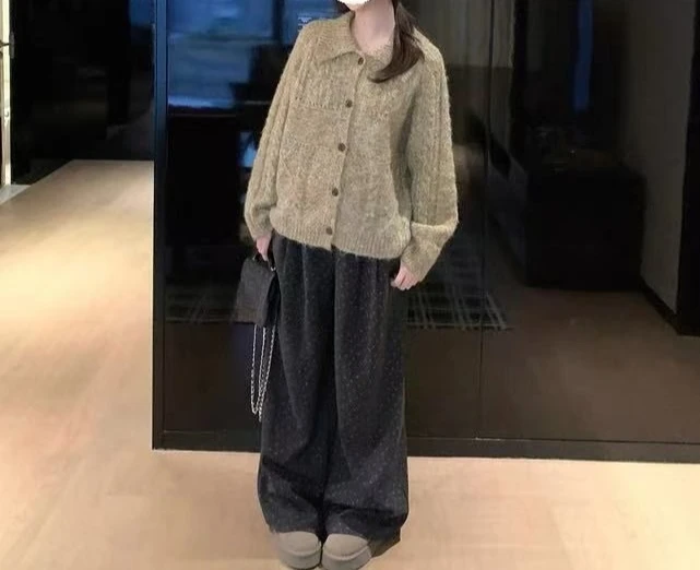 Autumn New Style Brushed Floral Casual Women's Thick and Warm Versatile Loose Floor Pants