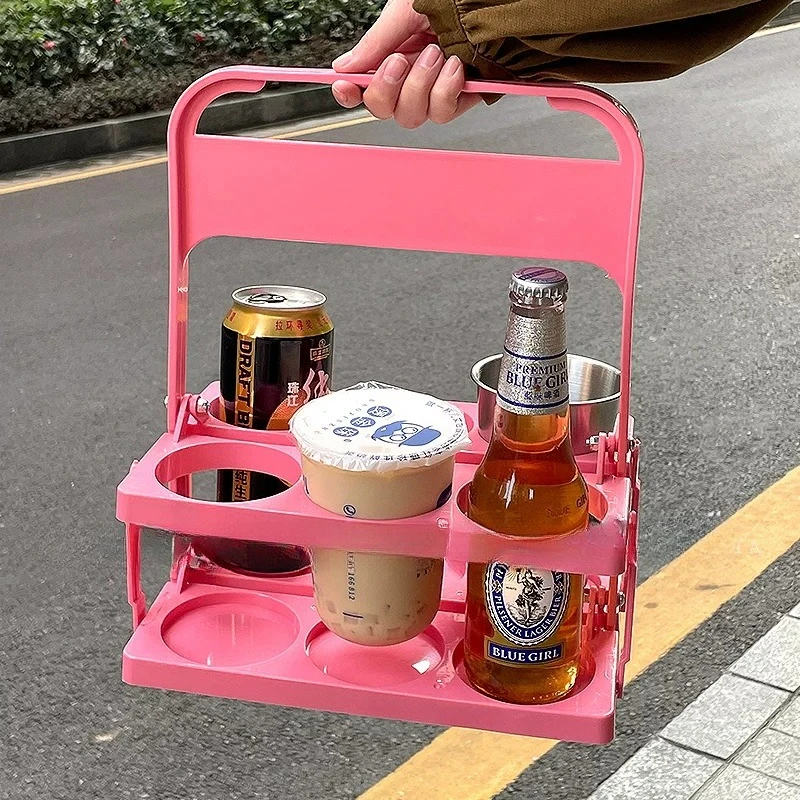 Pink Girl Heart Camping Picnic Basket Folding Beverage Beer Comes with Handle Basket Coffee Milk Tea Portable Storage Basket