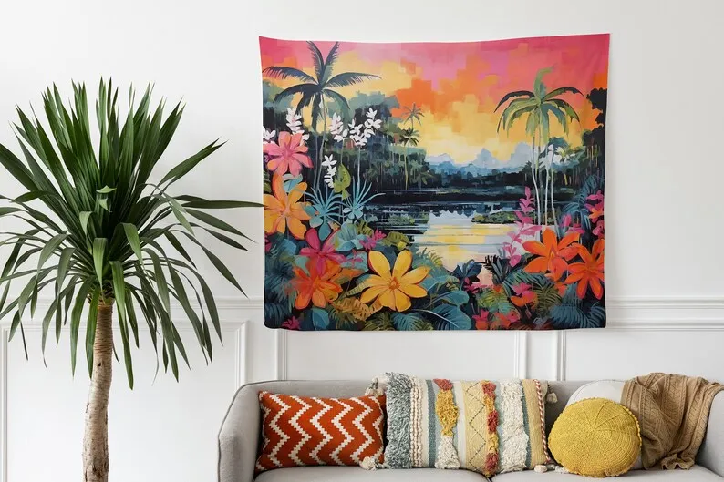 Mid-Century Modern Retro Tropical Landscape Tapestry Wall Hanging, Vibrant Colors, Nature-Inspired, Coastal Vibe