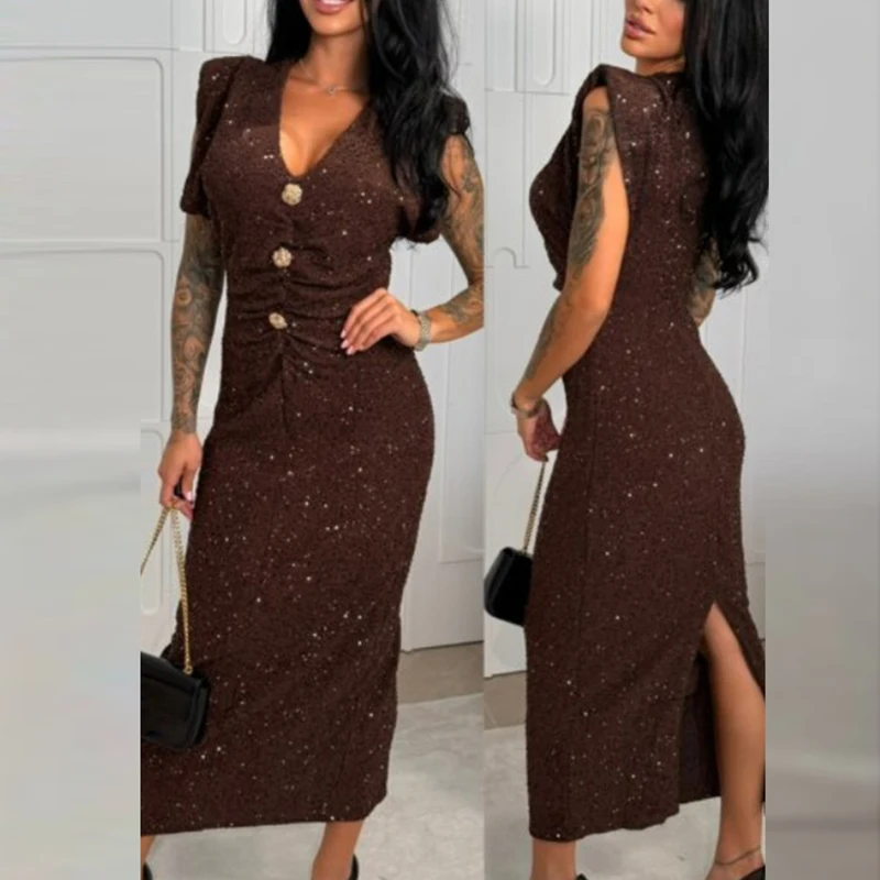 Sexy dames v-hals korte mouwen zomerjurk mode pailletten knop slim fit a-lijn jurk kantoor elegante effen kleur lange jurk