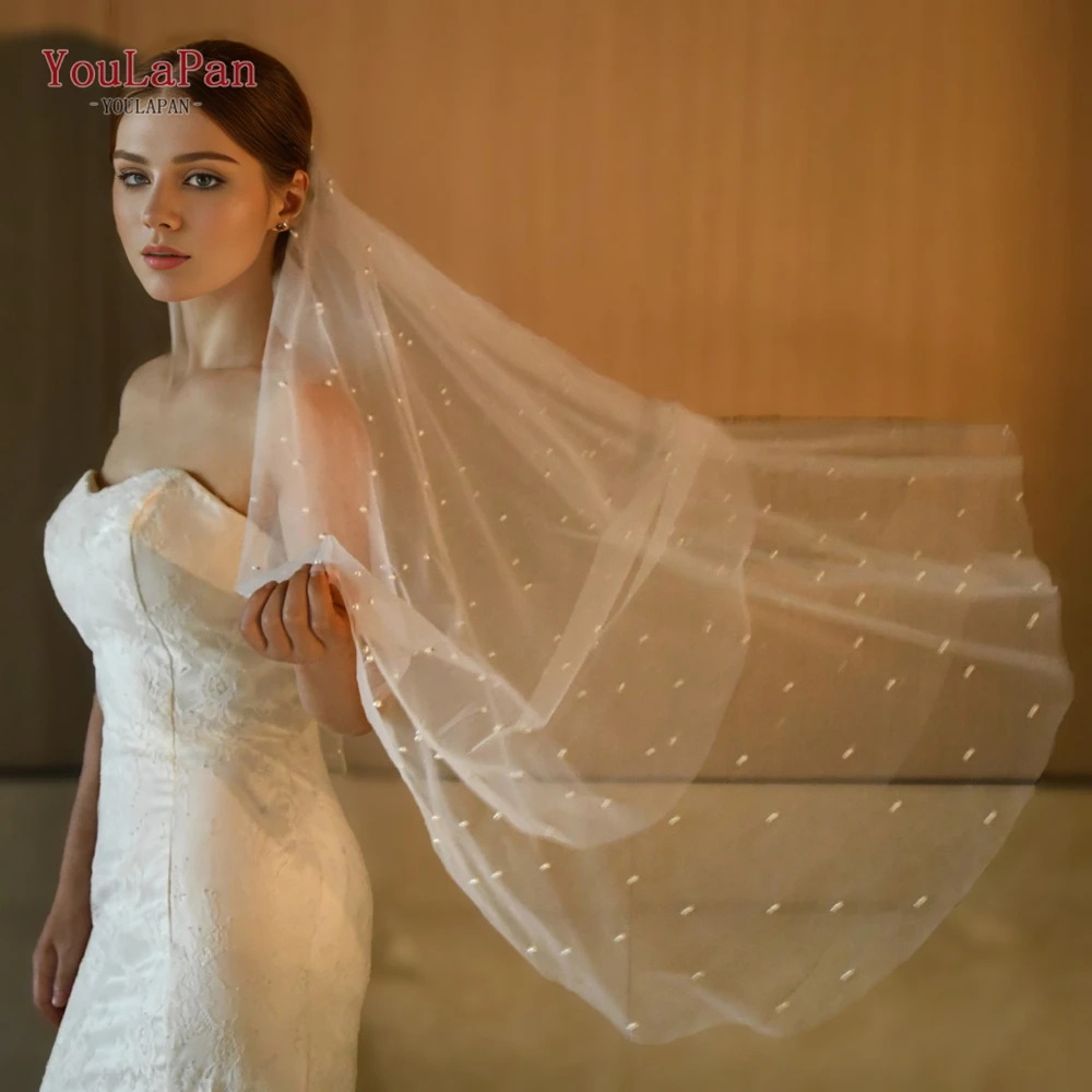 YouLaPan V02 Pearl Wedding Veil with Hair Comb Fine Beads Bridal Veil Drop Veil with Blush Hood Front and Back Chapel Veil