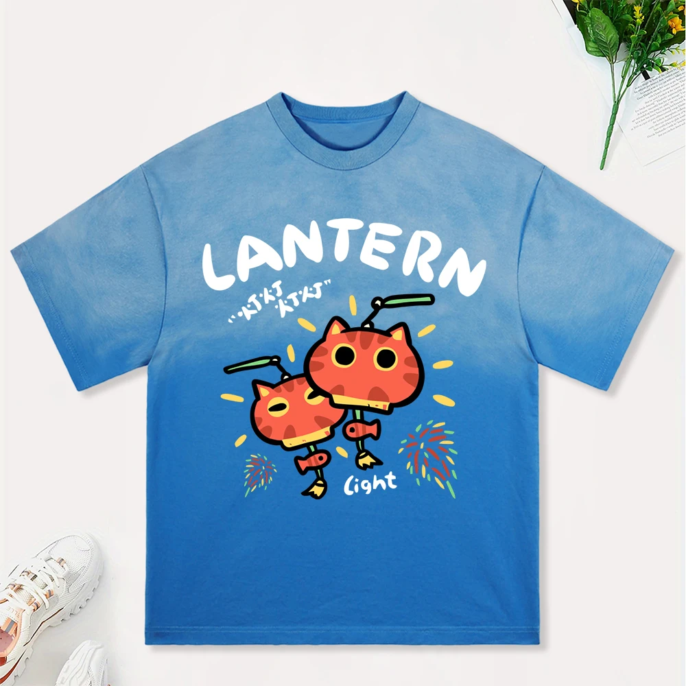 Lantern Light Cats Firework Print Tie-Dye T Shirts Women Summer Cool T-Shirt Breathable Vintage Tops Casual Cotton Short Sleeve