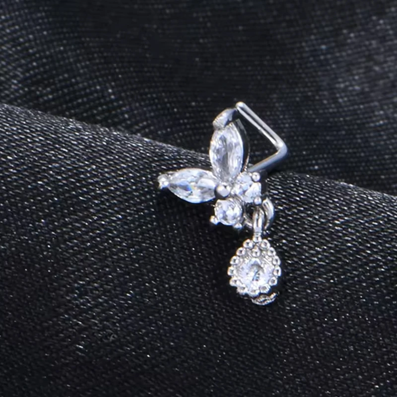 1 L-förmiger Nasenring mit fünfblütigem Blumenanhänger | Edelstahl, hypoallergen, Goldstahl, Y2k-Stil – Detail 8