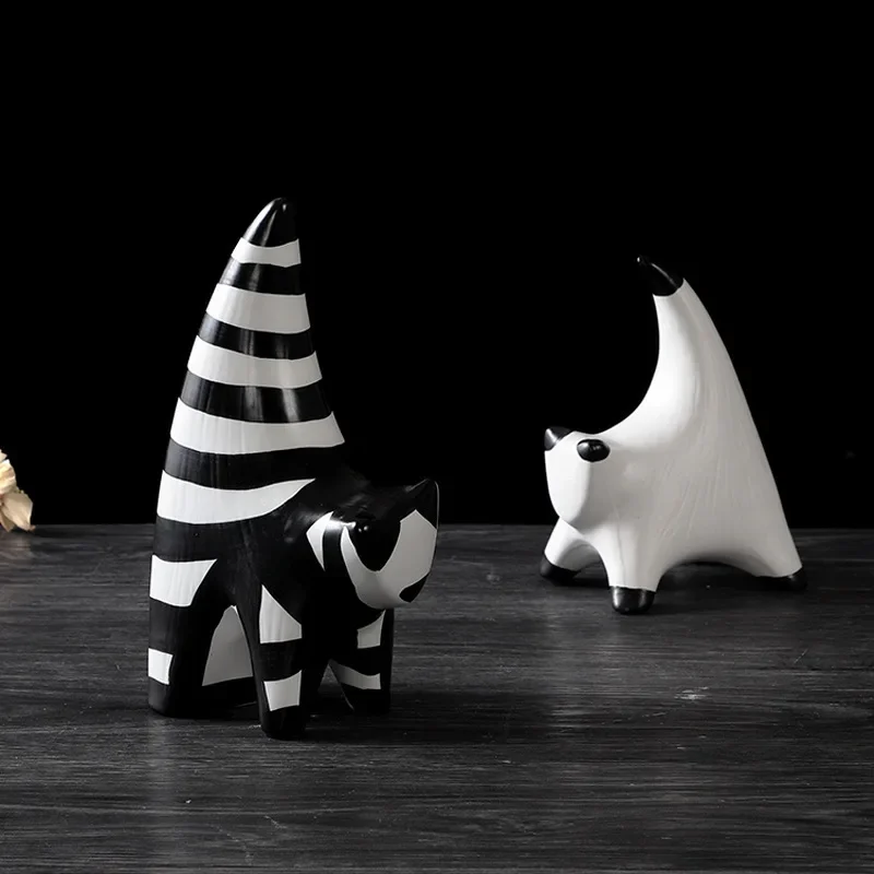 Modern Black and White Cat Figurine, Hand-Painted Striped Ceramic Display, High-Fired Decor Piece, Durable Ornament