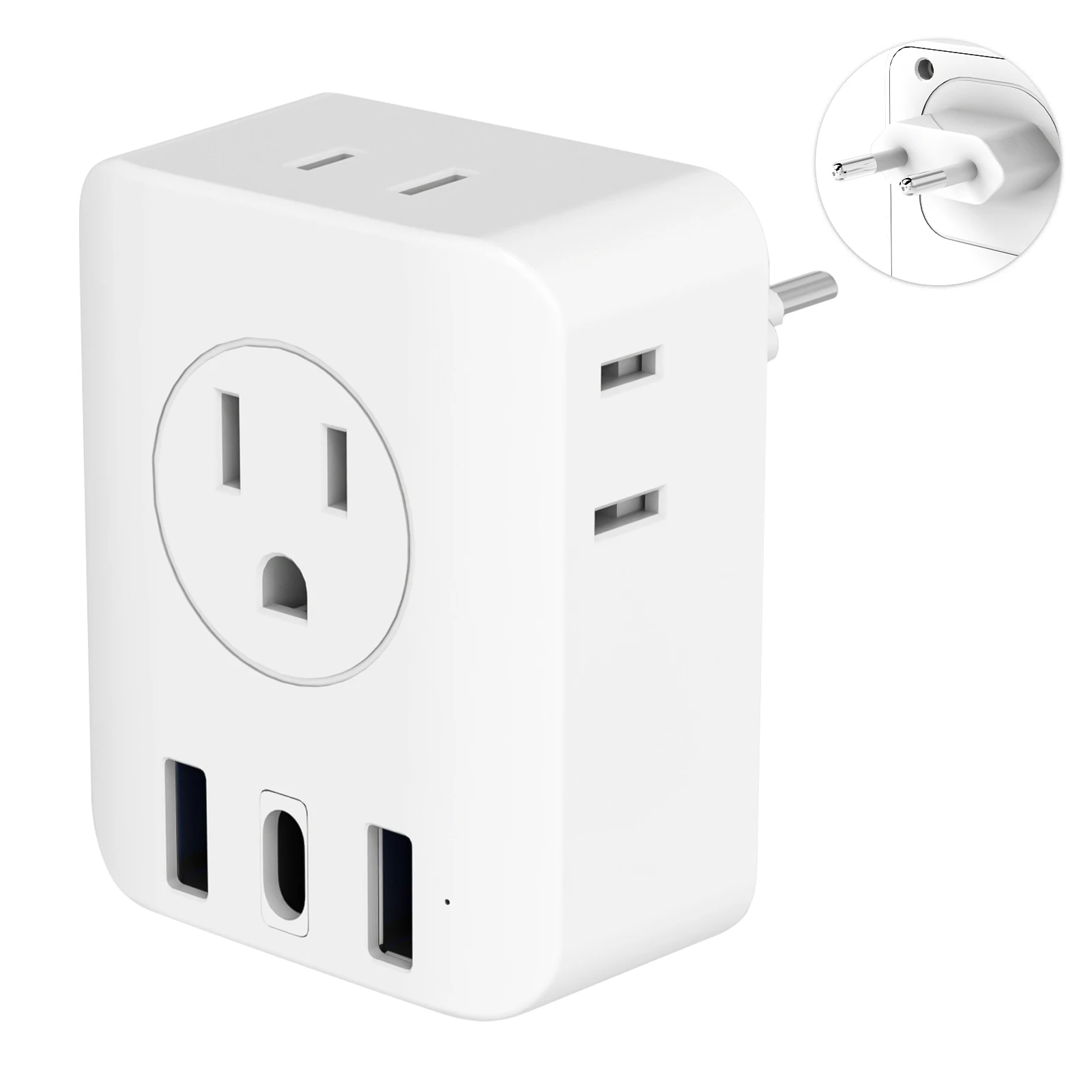 

US to EU Travel Power Adapter with 4 AC Outlets 2 USB A and 1 Type C Ports Wall Charger 7-in-1 Power Converter Plug 2500W 10A