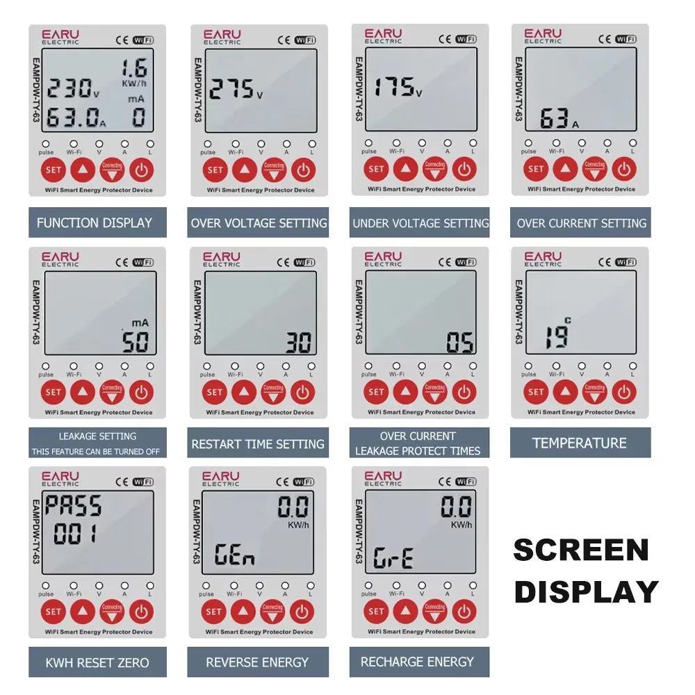 2P 63A Tuya Wifi Cyfrowy wyświetlacz LCD Zabezpieczenie prądu podnapięciowego kWh Miernik energii Miernik wycieku ziemi Przełącznik czasowy