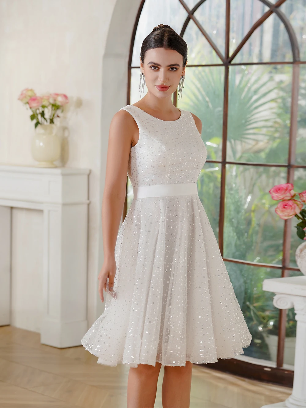 Sleeveless Wedding Dresses White Sequined Tulle A Line Lace Up With Sashes Evening Party Cocktail Prom Gowns Vestido De Novia