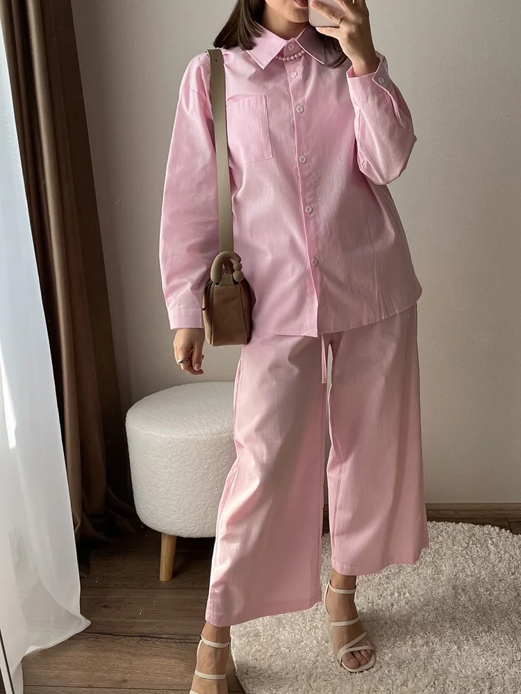 Streamgirl Linen Pants Sets For Women Summer Suits Pink Two Piece Trouser Women's Suit Sets Linen Shirt Set Oversize Outfit Suit