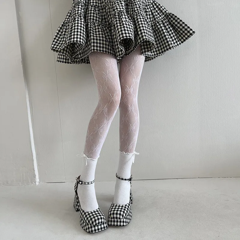 Fishnet Pantyhose for Women,JK Cosplay Girl's Cross Bow Pattern Stockings Sweet White Lace Lolita Hollow Out Tights