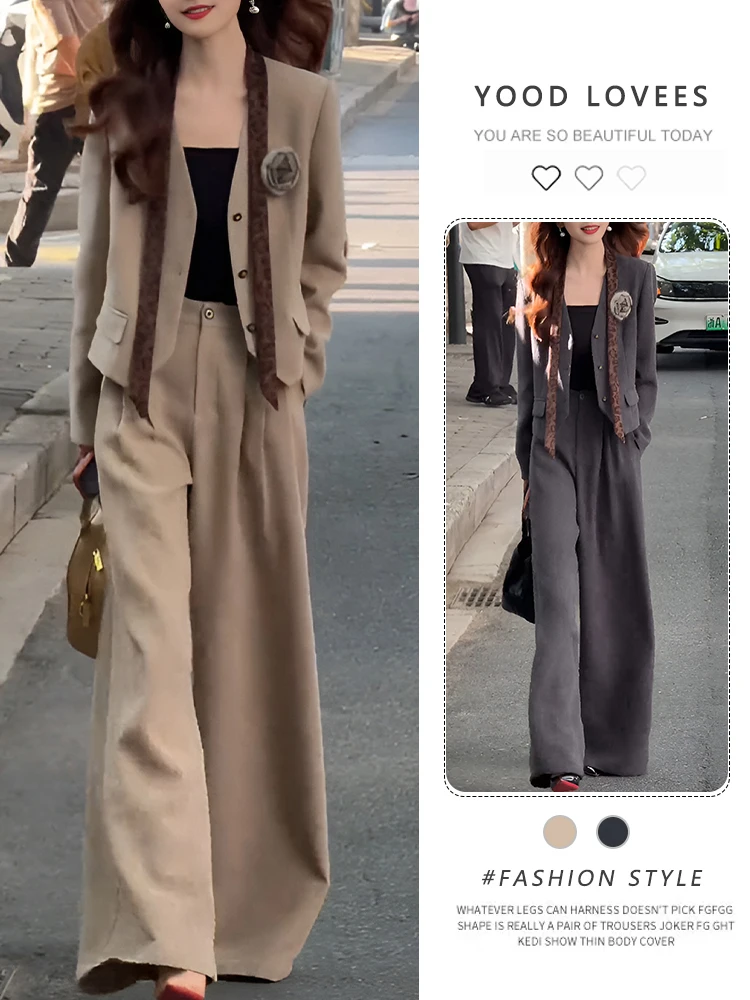 Slimming Effect Spring Autumn New Style Suit Jacket Base Vest Fashionable Tie Wide Leg Pants Four Piece Set Elegant Casual Wear