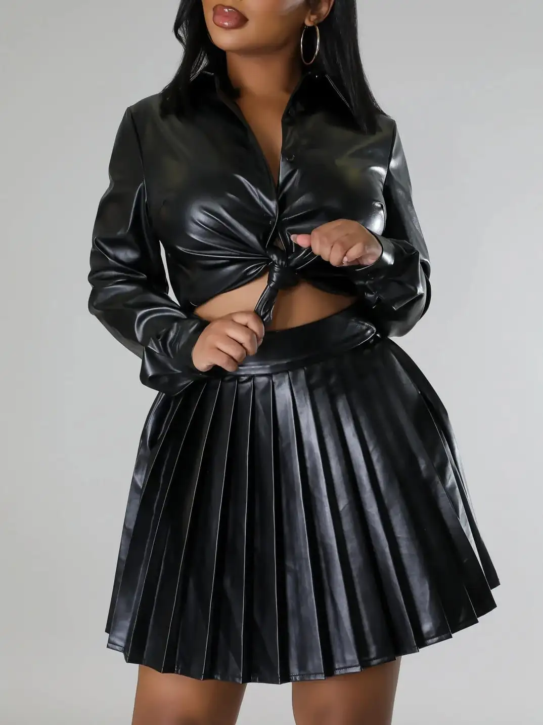 여성용 우아한 오렌지색 인조 가죽 투피스 스커트 세트, 칼라 긴팔 버튼 프론트 탑과 플리츠 숏 스커트