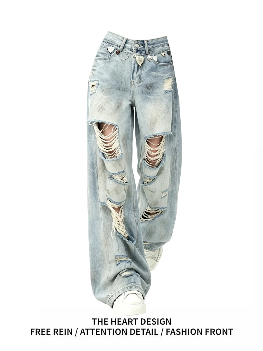 

Retro American High Street Faded Denim Jeans Women's Summer New Loose Straight Casual Pants Wear Resistant Soft Denim Blue