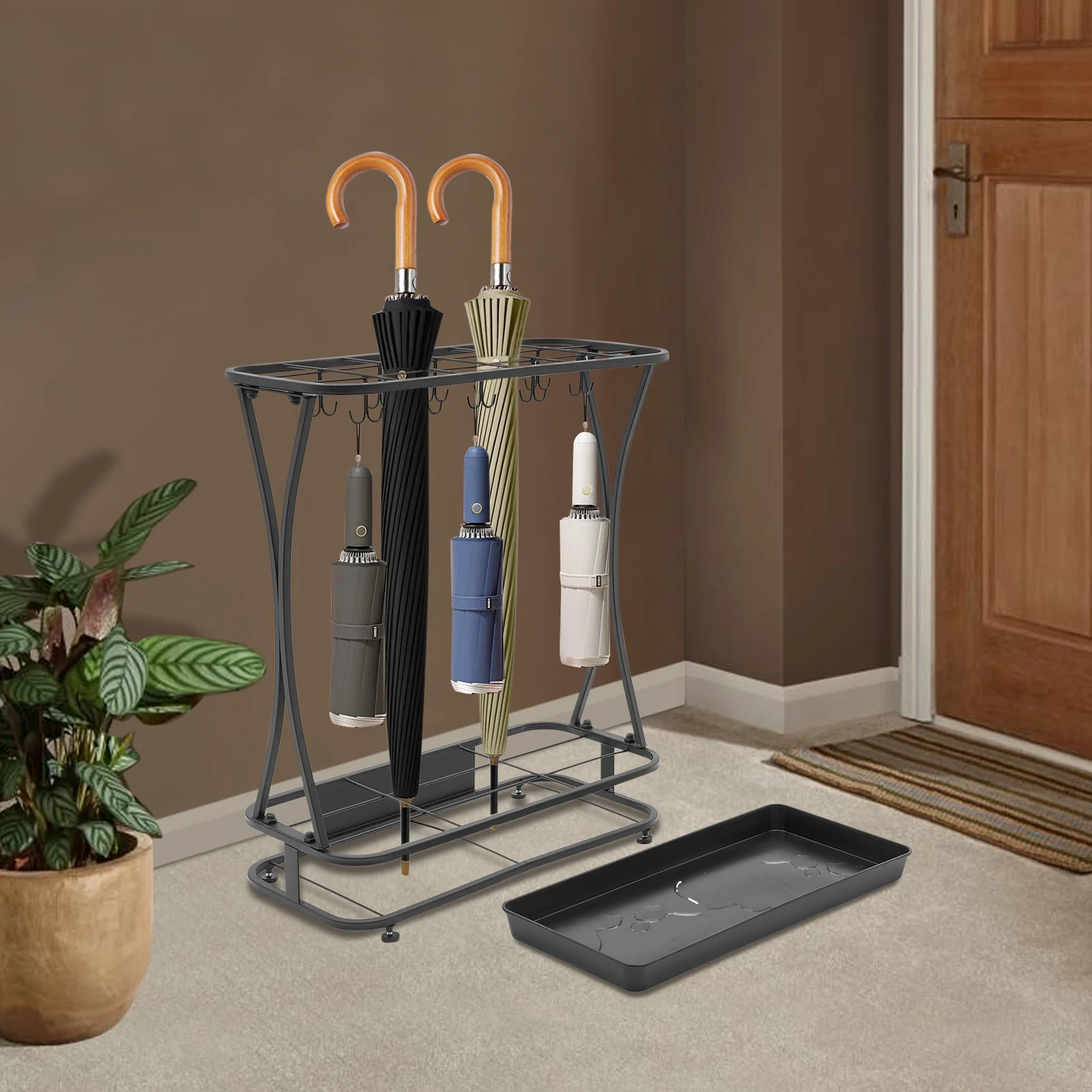 

Umbrella Holder Stand with Removable Drip Tray, Free Standing Umbrella Rack for Entryway Home Office (18 Slots, 10 Hooks, Black)