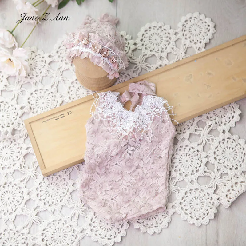 Newborn Photography Clothing Props Full Moon 100 Days Baby girl pink lace hat +bodysuit Studio Photo princess Clothes