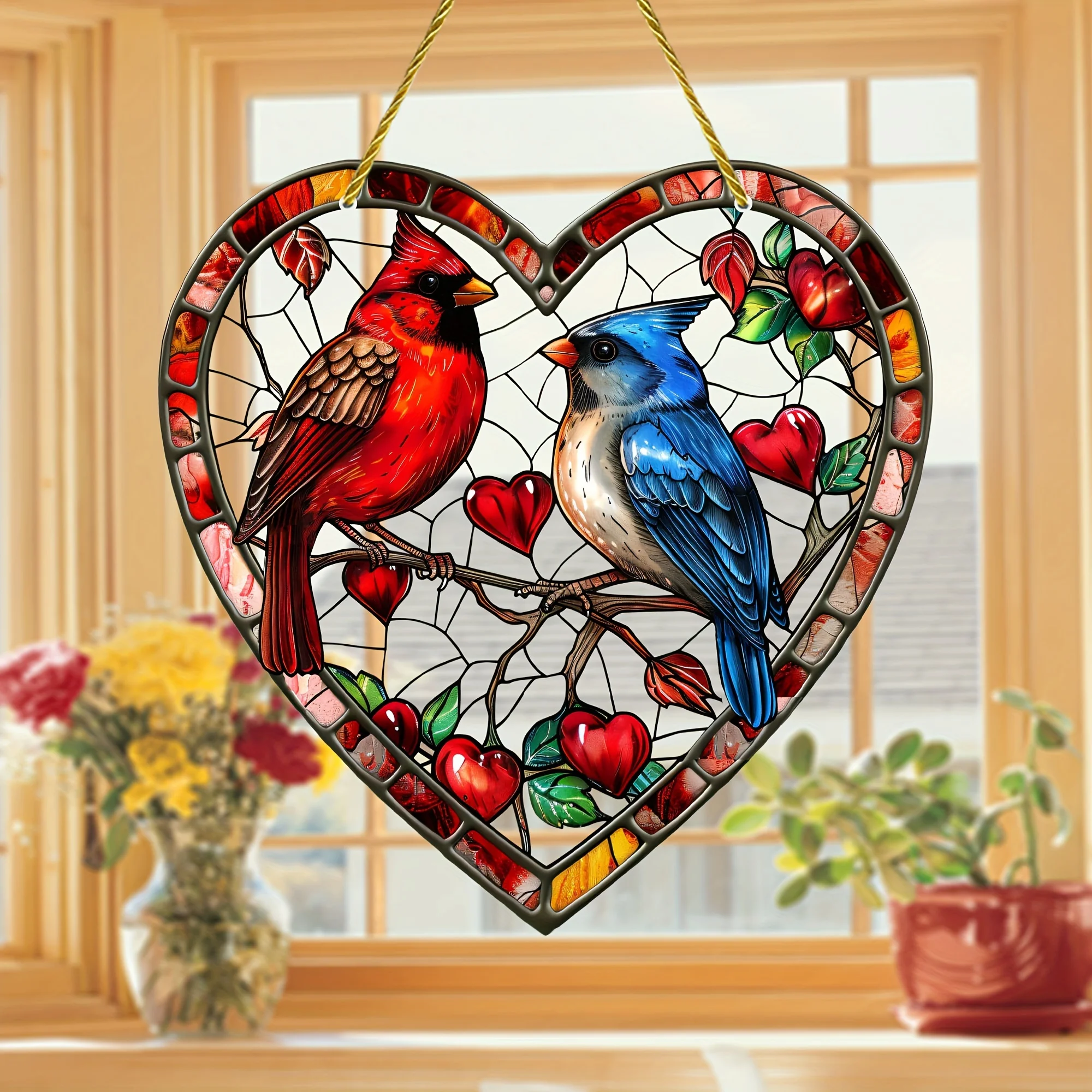 Bunter Sonnenfänger mit rotem Vogel und blauem Vogel, 20,3 cm, herzförmige, bunte Hängedekoration/Tierthema