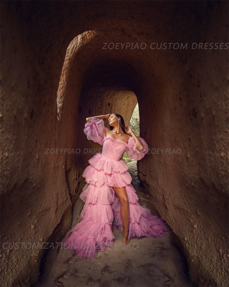 Abiti da sera senza spalline in Tulle lungo rosa a-line per le donne abiti da ballo per feste a maniche lunghe abito da Gala abito da sposa formale