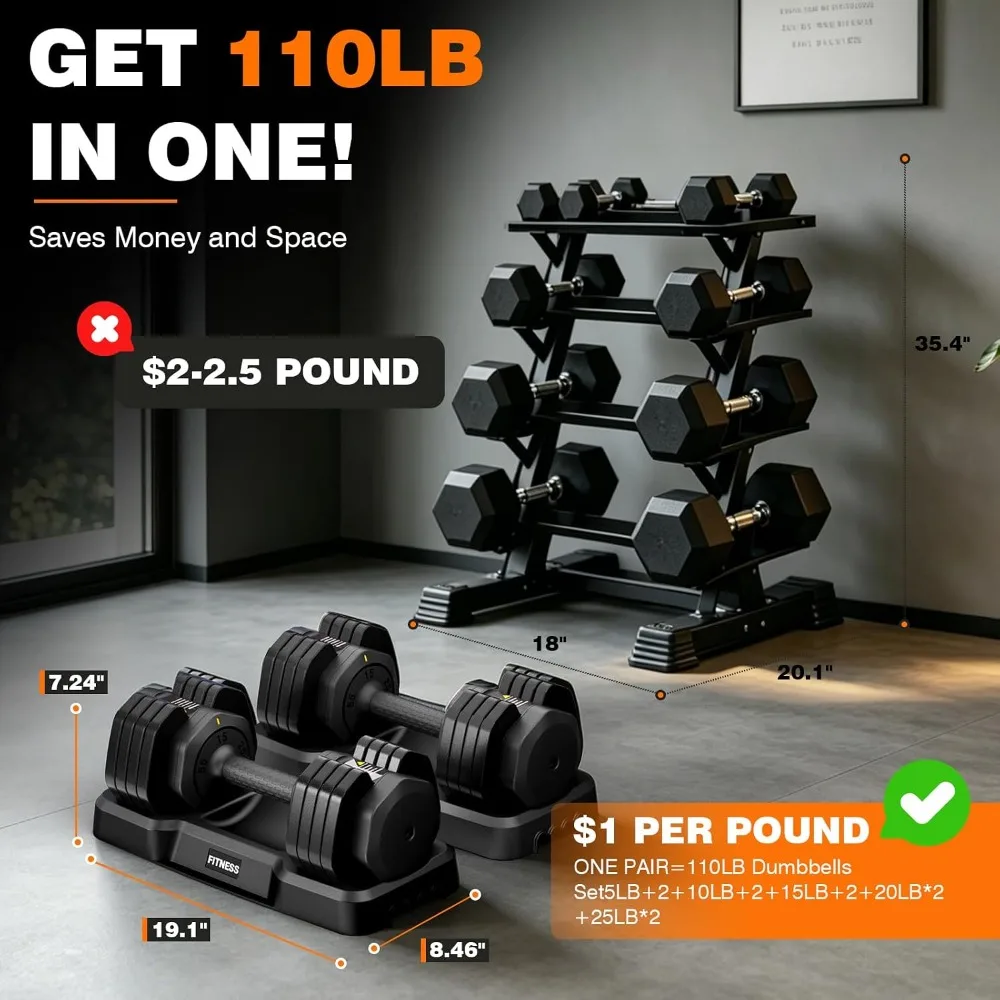 Adjustable Dumbbells Set 25/55LB Pair with Tray Non-Slip Handles Home Gym Fitness Equipment For Men Women, Custom