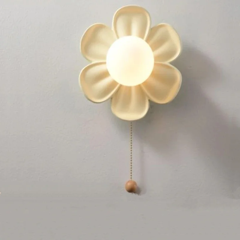 Creative Flower LED Wall Sconce Cream White Pull Chain Wall Lamp Kids Girl Bedroom Corridor Home Decor Wall Light