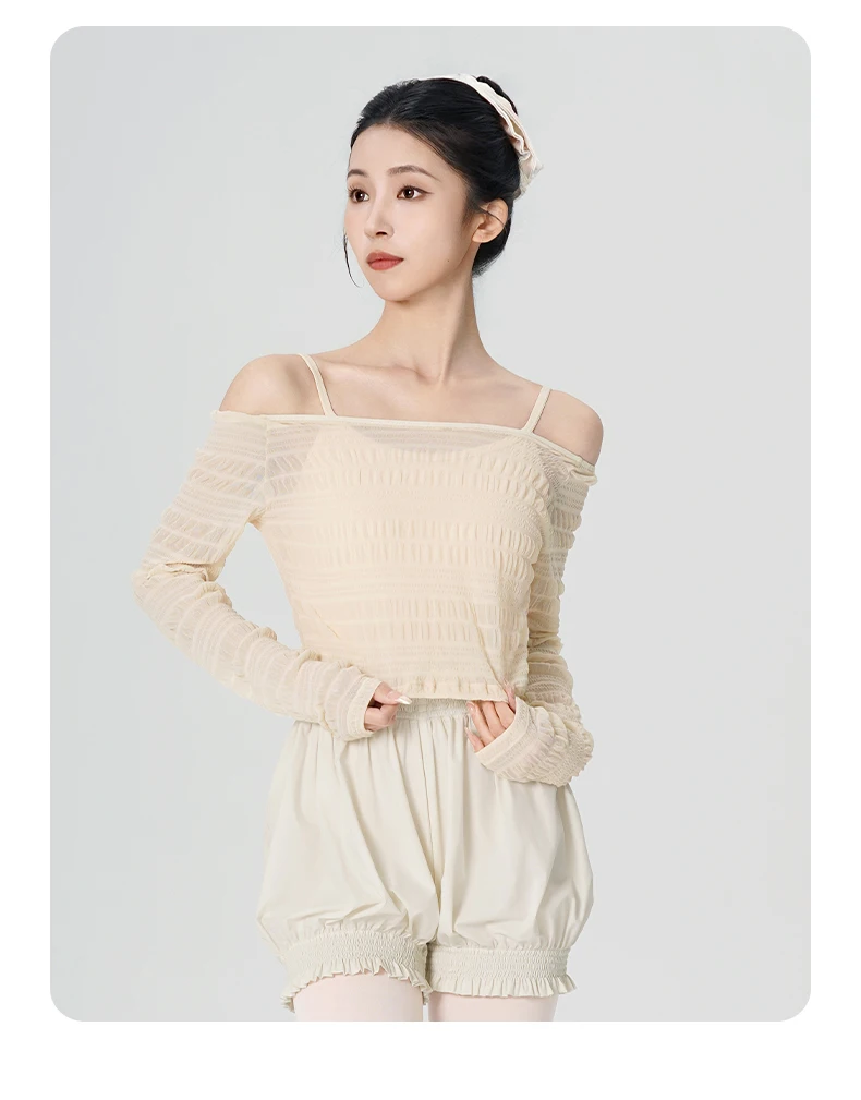 Tops de Danza para Mujer, Top de Malla Fruncido con Hombros Descubiertos y Manga Apilada, Pantalones de Ballet de Pierna