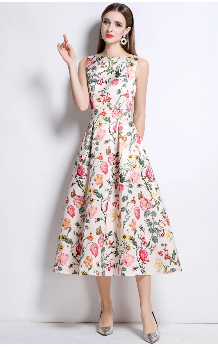 2025 neue Sommer Frau Kleider Elegante Oansatz Ärmellose Hohe Taille Drucken Midi Kleider Weibliche Kleidung