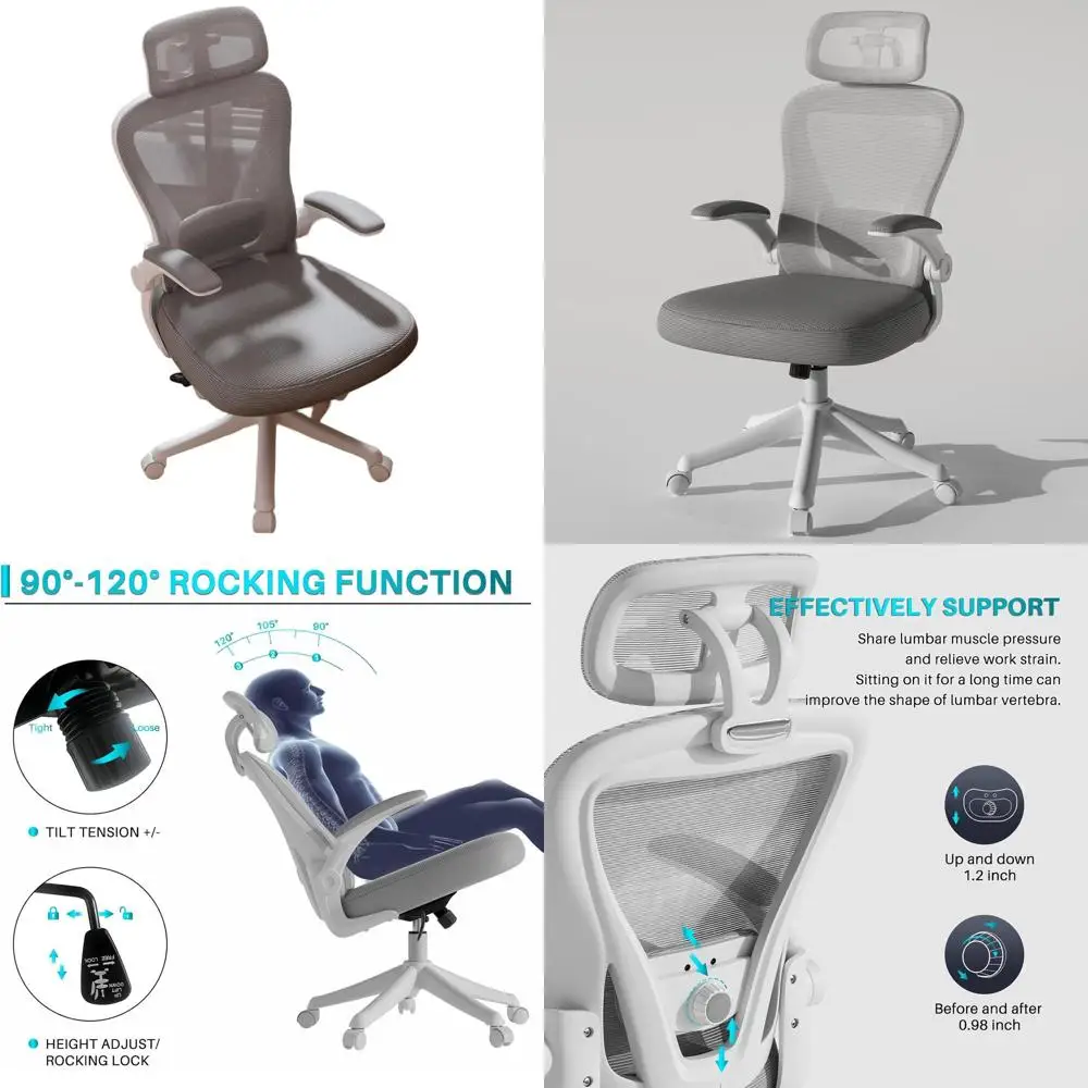

Ergonomic Mesh Office Chair with Adjustable Lumbar Support, Swivel Wheels, and Flip-Up Armrests in White and Grey