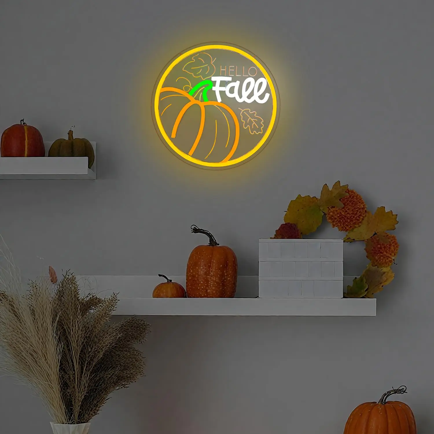 Hello Fall LED Neon Sign Wall Decor Pumpkin Thanksgiving Decor USB Dimmable Light for Home Office Porch Autumn Decor Gift