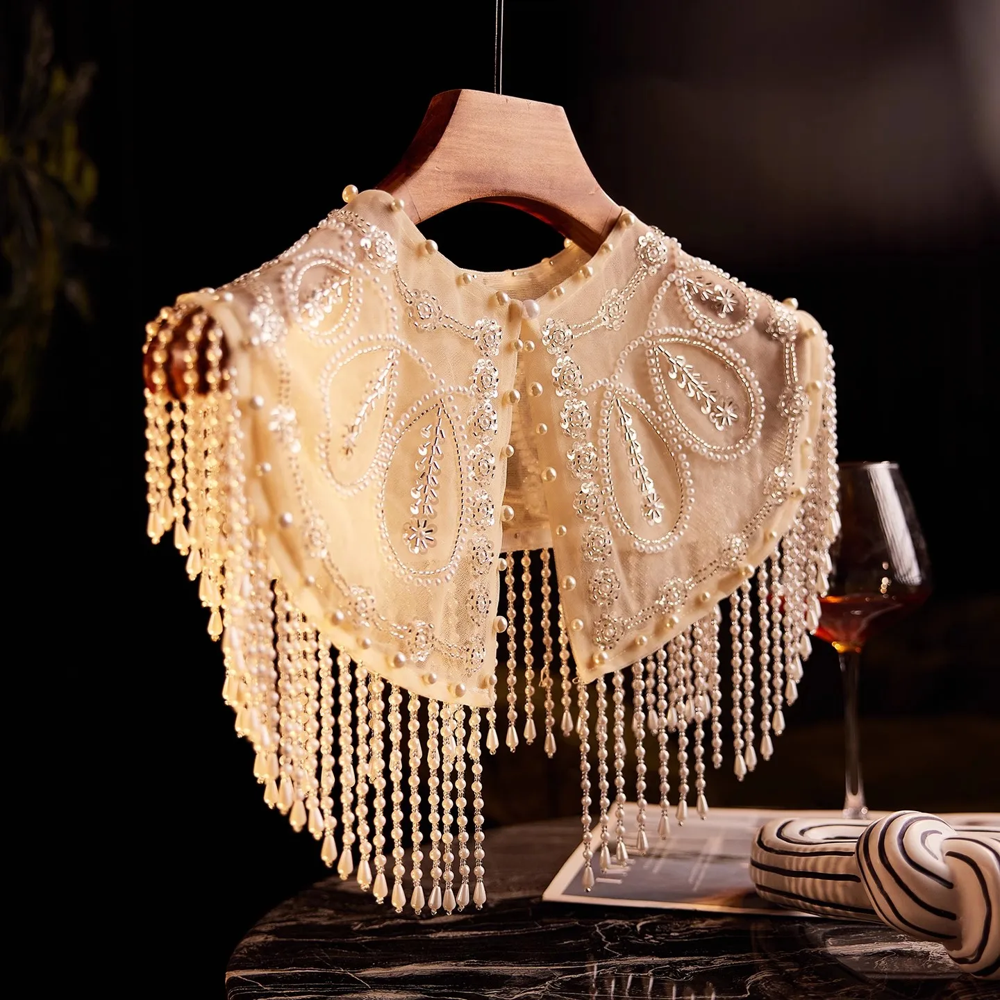 

Women's Luxury Pearl Beaded Embroidery Tassel Pashmina Female Autumn Winter Chinese Vintage Shawl Cloak Collar R2735