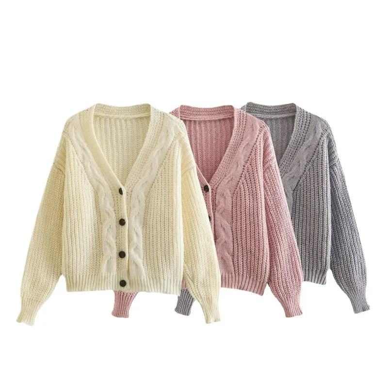 Autumn New Lazy Wind V-neck Bubble Sleeve Twist Pattern Loose Knitted Cardigan Sweater Jacket Women's Exquisite and Simple Trend