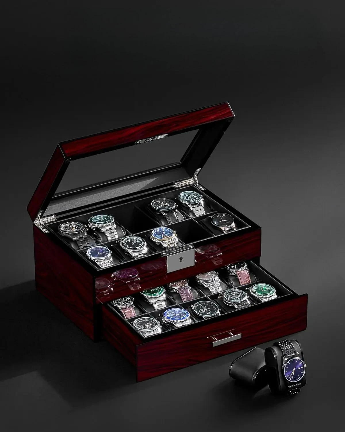 20 Slot Watch Display Case with Glass Lid and Lock, Wooden Watch Organizer for Men and Women