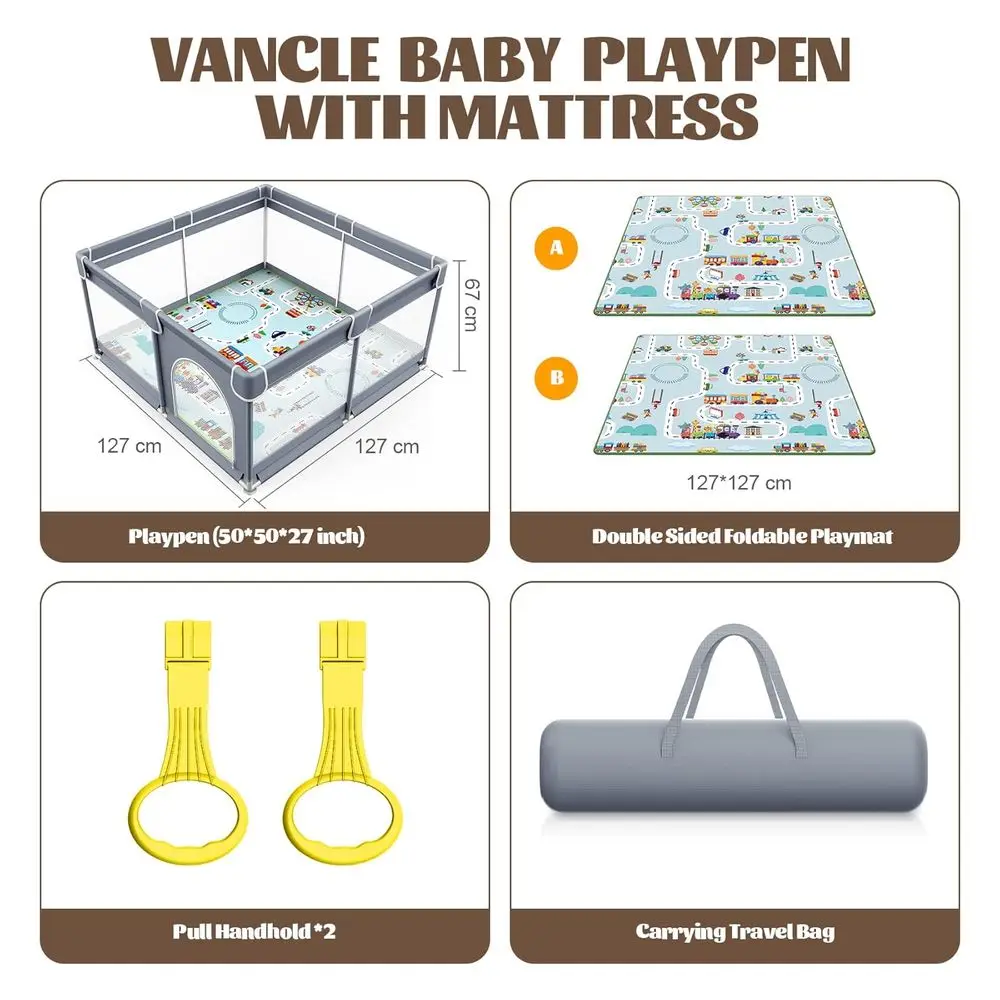 Parc gris 50x50 pour bébés et tout-petits avec tapis, cour de jeu de sécurité intérieure/extérieure, centre d'activités