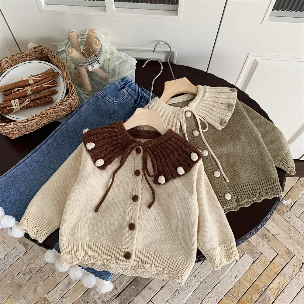 Sweaters Childrens Clothing Autumn New Korean Girl Big Collar Simple 2024 Loose Coat Baby Knitting Cardigan Striped