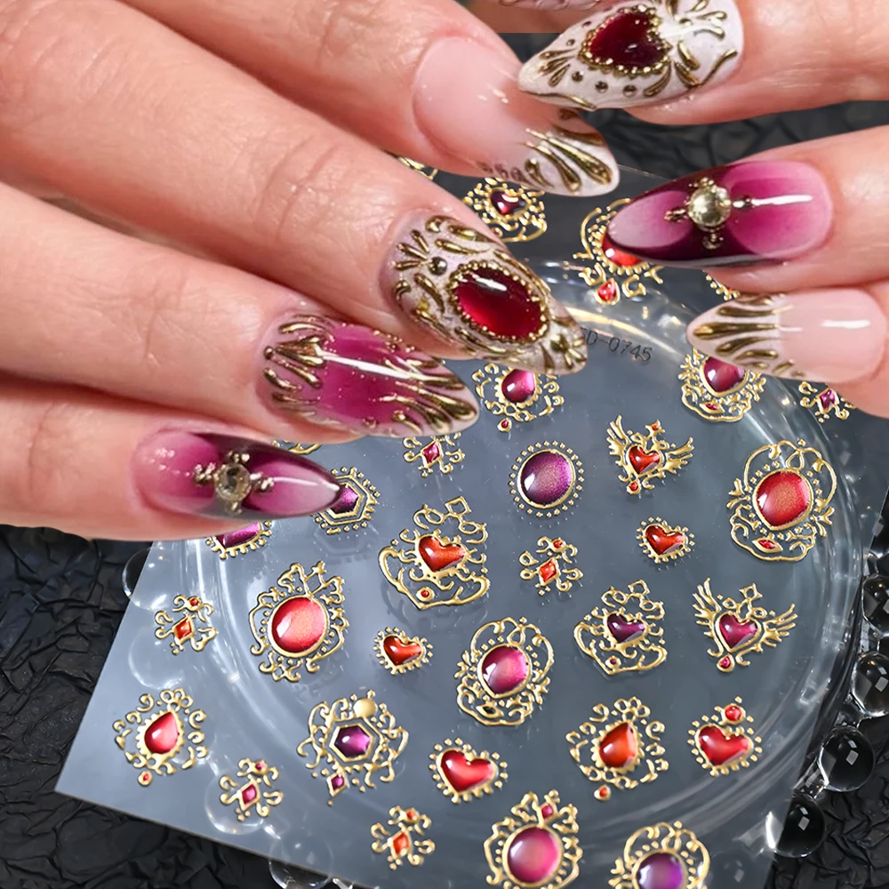 1pcs Y2K Braoque Fire Heart Jewelry 5D Nail Stickers Crystal Gemstone Lace Totem Embossed Nail Decals Manicure Decor Accessories