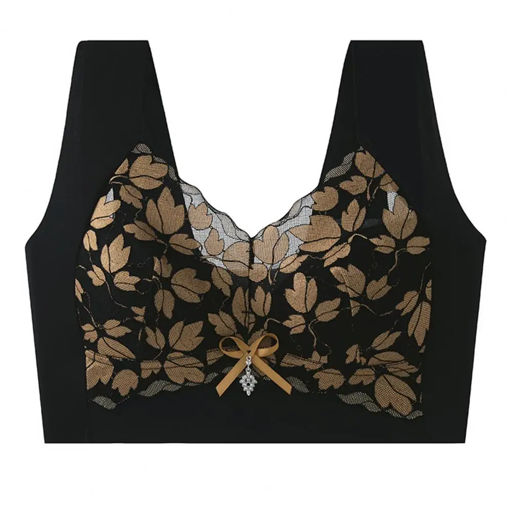 Women Bra Seamless Elastic Shoulder Strap See-through Lace Leaf Pattern Wireless Push-up Sport Bra