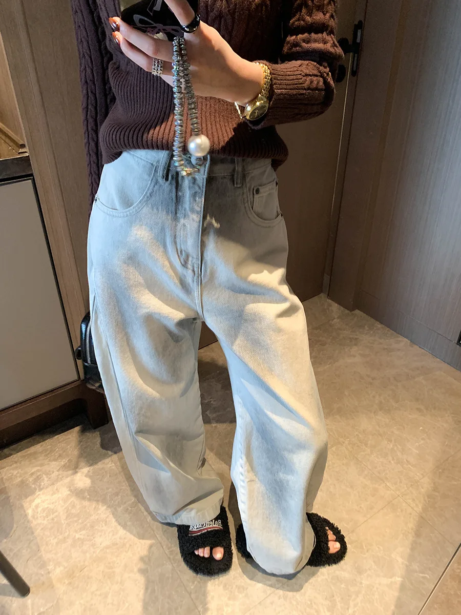 

Spring women's casual water washing curved knife cut wide leg loose floor mopping jeans