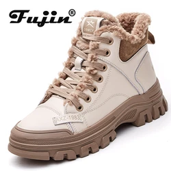 Fujin 3cm stivaletti da moto invernali in vera pelle piattaforma Flat Snow Warm peluche stivaletti in pelle scamosciata donna scarpe comode da donna